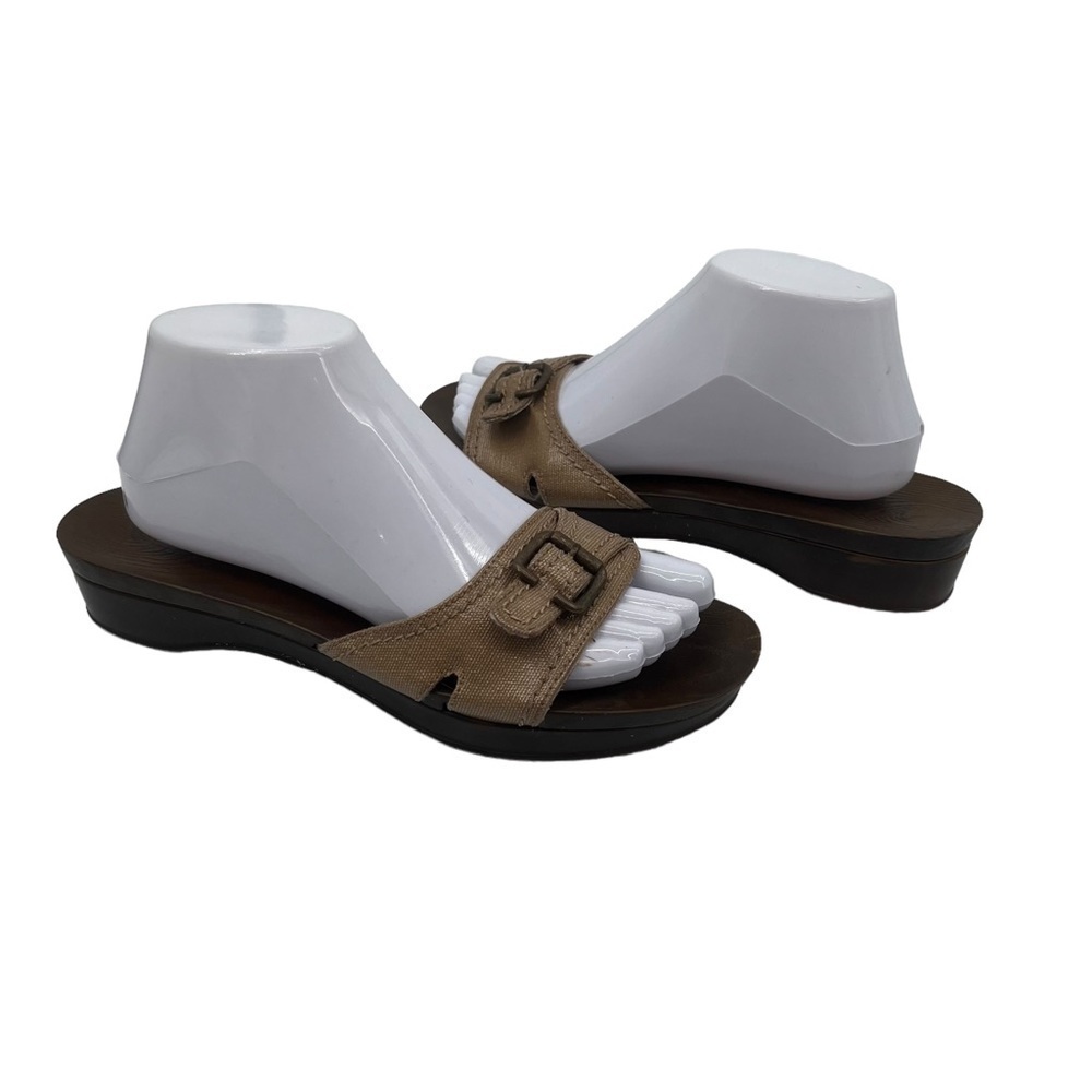 Dr Scholl's Brown Classic Slip On Faux Wood Grain Heeled Sandals Size 9 Women's